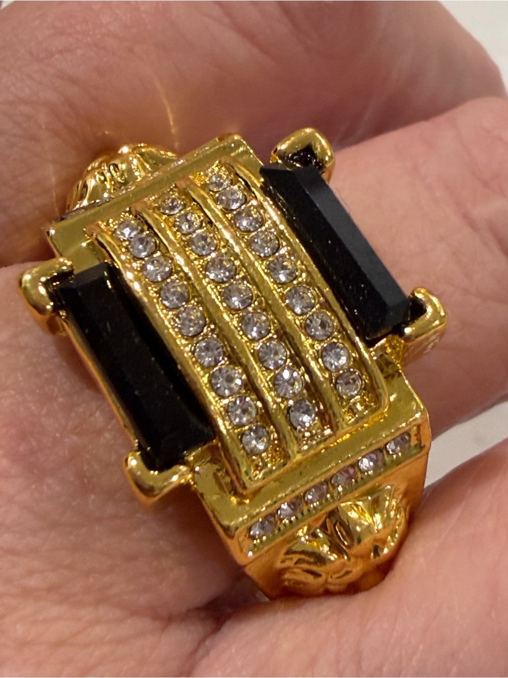 Gold-Tone Black Crystal Statement Ring - Women's or Men’s Fashion Jewelry 13.5